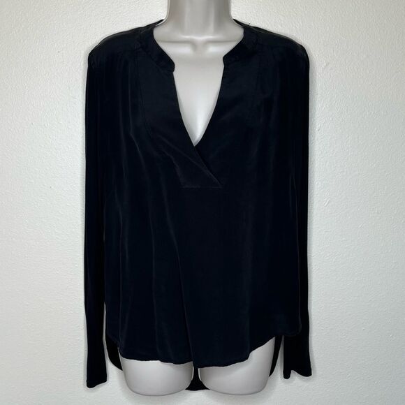 BCBGMaxAzria Black Silk Front Split Crossover Neck Long Sleeve Top Women Medium - Picture 10 of 10